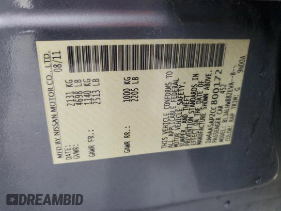 2012 Nissan Maxima S with VIN 1N4AA5AP2CC800172, listed as a Copart auction lot 60494065 with 96,111 mi miles and Non repairable. Bid and sale history available at DreamBid. Image 12.
