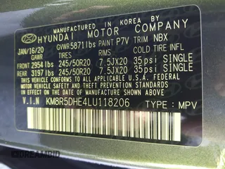 2020 Hyundai Palisade Limited with VIN KM8R5DHE4LU118206, listed as a IAAI auction lot 40976256 with Not provided miles and . Bid and sale history available at DreamBid. Image 9.