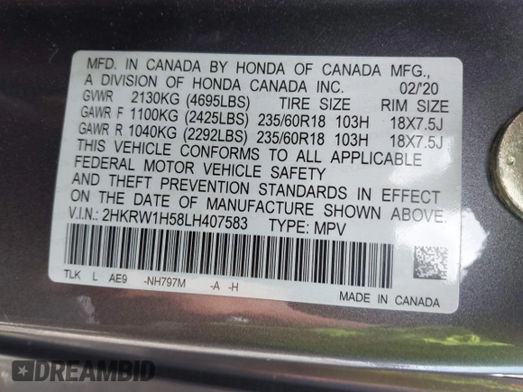 2020 Honda CR-V EX with VIN 2HKRW1H58LH407583, listed as a IAAI auction lot 42446451 with 48,476 mi miles and . Bid and sale history available at DreamBid. Image 9.