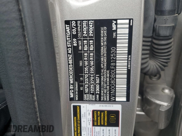 2020 Mercedes-Benz GLC 300 with VIN W1N0G8DB0LF812530, listed as a Copart auction lot 58361685 with 76,267 mi miles and Salvage title. Bid and sale history available at DreamBid. Image 13.
