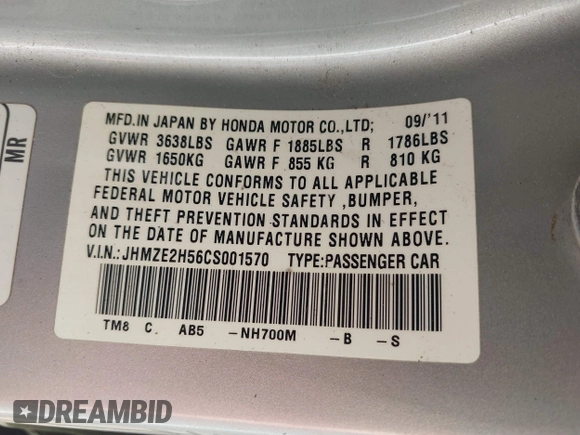 2012 Honda Insight LX с VIN JHMZE2H56CS001570, выставлен на аукционе IAAI как лот 41461236 с пробегом 129 431 миль миль и . История ставок и продаж доступна на DreamBid. Изображение 9.