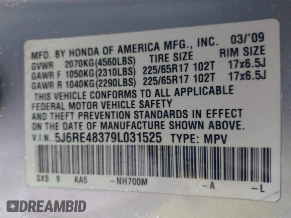 2009 Honda CR-V LX with VIN 5J6RE48379L031525, listed as a IAAI auction lot 41851336 with 233,042 mi miles. Bid and sale history available at carsss.com. Image 9.