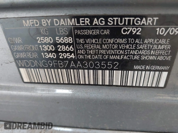 2010 Mercedes-Benz S 400 with VIN WDDNG9FB7AA303552, listed as a IAAI auction lot 41988275 with 208,147 mi miles and . Bid and sale history available at DreamBid. Image 9.