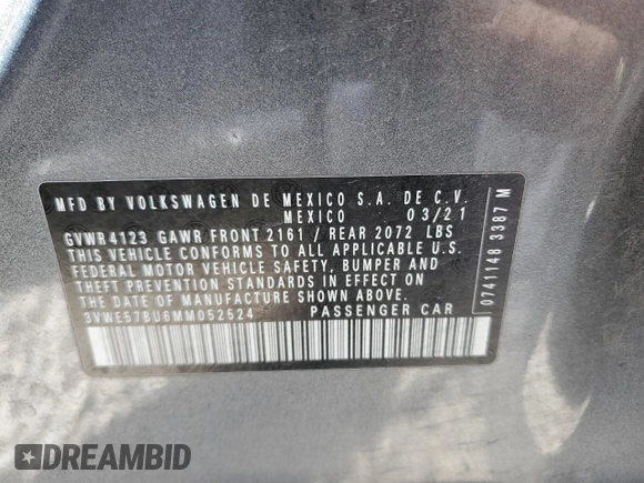 2021 Volkswagen Jetta SEL with VIN 3VWE57BU6MM052524, listed as a Copart auction lot 55524055 with 64,748 mi miles and Salvage title. Bid and sale history available at DreamBid. Image 12.