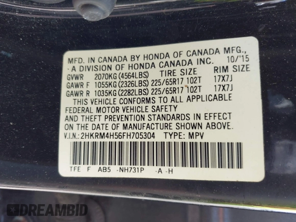 2015 Honda CR-V EX with VIN 2HKRM4H56FH705304, listed as a IAAI auction lot 42172784 with 45,261 mi miles and . Bid and sale history available at DreamBid. Image 9.