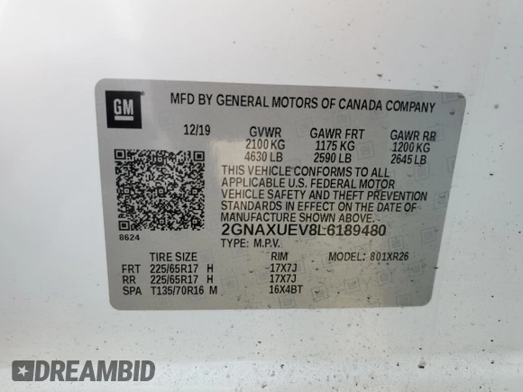 2020 Chevrolet Equinox LT with VIN 2GNAXUEV8L6189480, listed as a Copart auction lot 48787435 with 109,850 mi miles and Salvage Title. Bid and sale history available at DreamBid. Image 12.