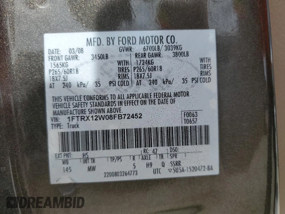 2008 Ford F-150 STX с VIN 1FTRX12W08FB72452, выставлен на аукционе Copart как лот 58893095 с пробегом 210 364 миль миль и Списание • Salvage title. История ставок и продаж доступна на DreamBid. Изображение 12.