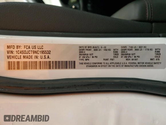 2022 Dodge Durango R/T with VIN 1C4SDJCT9NC195532, listed as a Copart auction lot 45151035 with 32,987 mi miles and Salvage title. Bid and sale history available at DreamBid. Image 14.