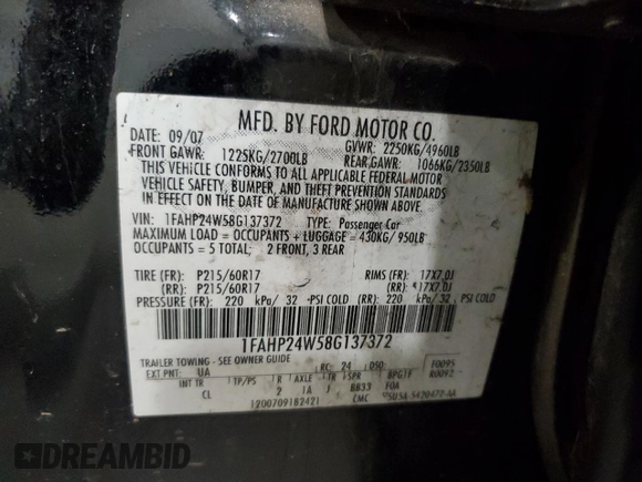 2008 Ford Taurus SEL with VIN 1FAHP24W58G137372, listed as a Copart auction lot 81987114 with 231,985 mi miles and Salvage Title. Bid and sale history available at carsss.com. Image 13.