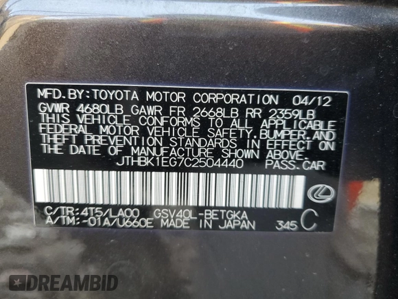 2012 Lexus ES with VIN JTHBK1EG7C2504440, listed as a Copart auction lot 50044775 with 255,978 mi miles and Salvage Title. Bid and sale history available at carsss.com. Image 14.