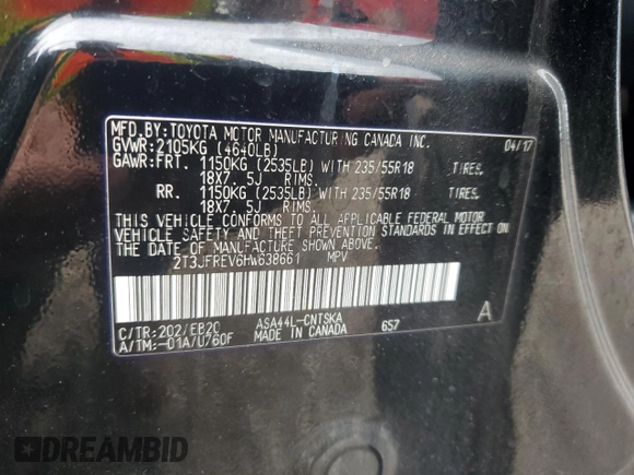 2017 Toyota RAV4 SE with VIN 2T3JFREV6HW638661, listed as a Copart auction lot 60401935 with 72,693 mi miles and Salvage title. Bid and sale history available at DreamBid. Image 13.