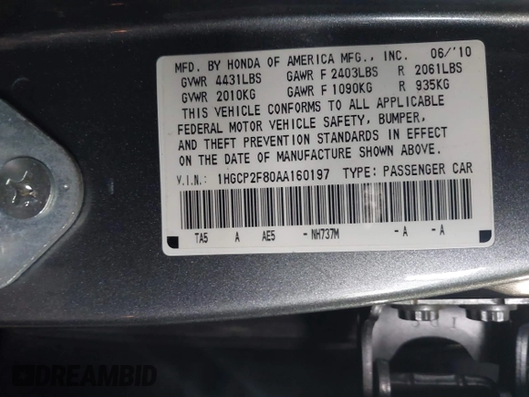 2010 Honda Accord EX-L z VIN 1HGCP2F80AA160197, wystawiony jako IAAI lot #42219318 z przebiegiem 157 754 mil mil oraz . Historia ofert i sprzedaży dostępna na DreamBid. Obrazek 9.