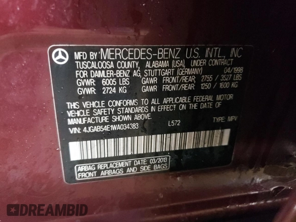 1998 Mercedes-Benz M-Class with VIN 4JGAB54E1WA034383, listed as a Copart auction lot 80363374 with 122,125 mi miles and Salvage Title. Bid and sale history available at carsss.com. Image 12.