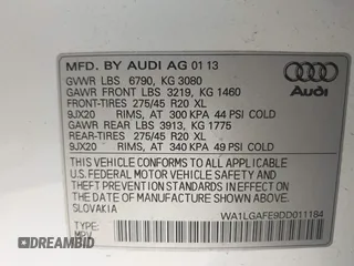 2013 Audi Q7 Premium Plus with VIN WA1LGAFE9DD011184, listed as a IAAI auction lot 42097346 with 148,786 mi miles and . Bid and sale history available at DreamBid. Image 9.