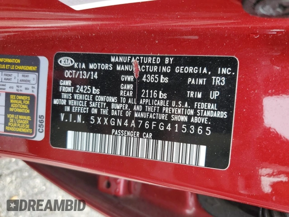 2015 Kia Optima EX z VIN 5XXGN4A76FG415365, wystawiony jako Copart lot #57275375 z przebiegiem 123 733 mil mil oraz Szkoda całkowita • Salvage title. Historia ofert i sprzedaży dostępna na DreamBid. Obrazek 12.