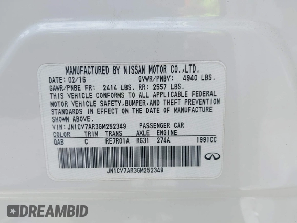 2016 Infiniti Q50 2.0t Premium with VIN JN1CV7AR3GM252349, listed as a IAAI auction lot 39425256 with 49,767 mi miles. Bid and sale history available at carsss.com. Image 9.