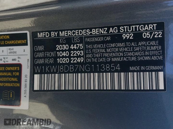 2022 Mercedes-Benz C 300 with VIN W1KWJ8DB7NG113854, listed as a Copart auction lot 47461385 with 45,141 mi miles and Salvage Title. Bid and sale history available at DreamBid. Image 12.