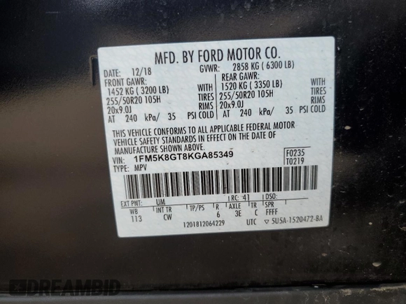 2019 Ford Explorer Sport z VIN 1FM5K8GT8KGA85349, wystawiony jako Copart lot #60400925 z przebiegiem 125 765 mil mil oraz Szkoda całkowita • Salvage title. Historia ofert i sprzedaży dostępna na DreamBid. Obrazek 14.