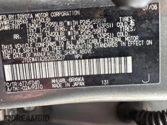 2008 Toyota Highlander Hybrid with VIN JTEEW41A282023827, listed as a Copart auction lot 47398445 with 212,280 mi miles and Clean Title. Bid and sale history available at carsss.com. Image 10.