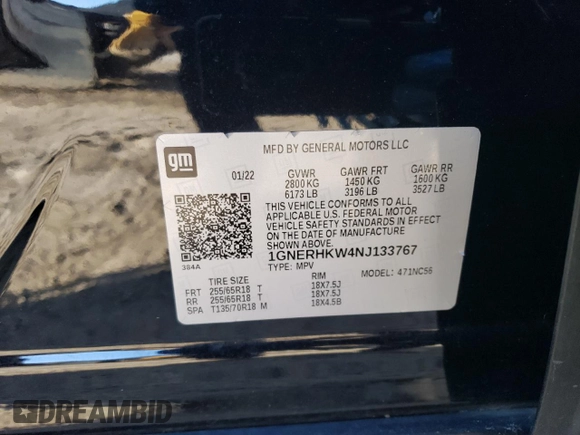 2022 Chevrolet Traverse LT Leather with VIN 1GNERHKW4NJ133767, listed as a Copart auction lot 85268164 with 56,951 mi miles and Salvage Title. Bid and sale history available at carsss.com. Image 13.