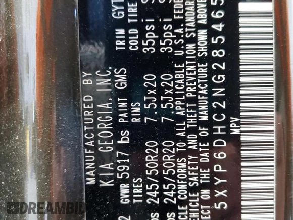2022 Kia Telluride S with VIN 5XYP6DHC2NG285465, listed as a Copart auction lot 55396215 with 36,548 mi miles and Salvage title. Bid and sale history available at DreamBid. Image 14.