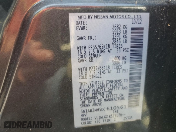 2013 Nissan Pathfinder SV with VIN 5N1AR2MM5DC610561, listed as a Copart auction lot 59057095 with 153,474 mi miles and Clean title. Bid and sale history available at DreamBid. Image 13.
