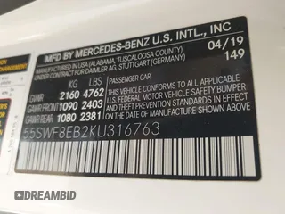 2019 Mercedes-Benz C 300 with VIN 55SWF8EB2KU316763, listed as a IAAI auction lot 42072583 with 61,664 mi miles and . Bid and sale history available at carsss.com. Image 9.