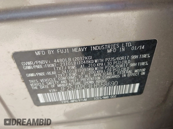 2014 Subaru Forester Touring with VIN JF2SJAPC3EH558690, listed as a IAAI auction lot 42588000 with 151,065 mi miles and . Bid and sale history available at DreamBid. Image 9.