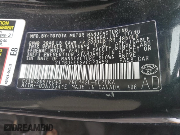 2010 Toyota Corolla with VIN 2T1BU4EE2AC528459, listed as a Copart auction lot 52797495 with 25,809 mi miles and Salvage Title. Bid and sale history available at carsss.com. Image 14.
