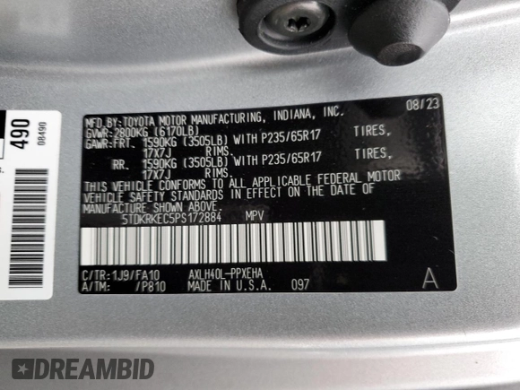 2023 Toyota Sienna LE with VIN 5TDKRKEC5PS172884, listed as a Copart auction lot 85012314 with 93,459 mi miles and Salvage Title. Bid and sale history available at carsss.com. Image 16.