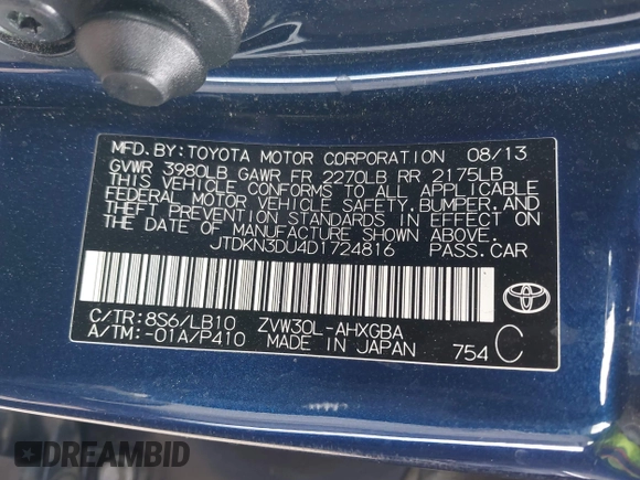 2013 Toyota Prius One with VIN JTDKN3DU4D1724816, listed as a IAAI auction lot 42052277 with 68,755 mi miles and . Bid and sale history available at DreamBid. Image 9.