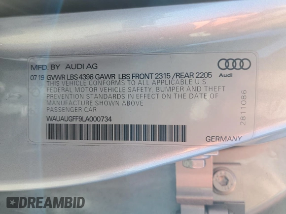 2020 Audi A3 Sedan Premium with VIN WAUAUGFF9LA000734, listed as a Copart auction lot 50632333 with 19,114 mi miles. Bid and sale history available at carsss.com. Image 14.