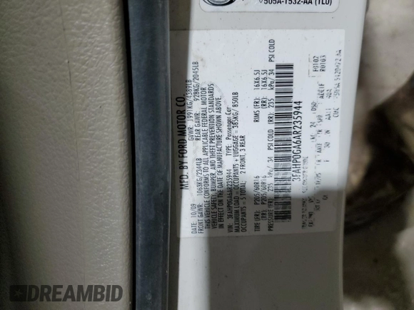 2010 Ford Fusion S with VIN 3FAHP0GA6AR235944, listed as a Copart auction lot 86689564 with 0 mi miles and Salvage Title. Bid and sale history available at carsss.com. Image 12.
