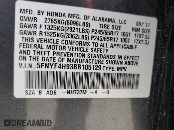 2011 Honda Pilot Touring with VIN 5FNYF4H93BB105129, listed as a Copart auction lot 38340854 with 123,146 mi miles and Salvage Title. Bid and sale history available at DreamBid. Image 14.