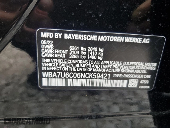 2022 BMW 7 Series with VIN WBA7U6C06NCK59421, listed as a Copart auction lot 80159874 with 24,033 mi miles and Salvage title. Bid and sale history available at DreamBid. Image 12.
