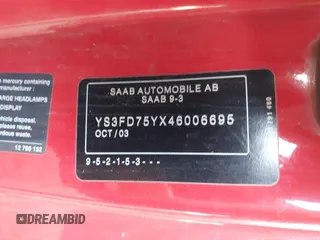 2004 Saab 9-3 Arc z VIN YS3FD75YX46006695, wystawiony jako IAAI lot #41994281 z przebiegiem 201 638 mil mil oraz . Historia ofert i sprzedaży dostępna na DreamBid. Obrazek 9.