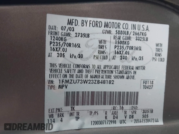 2003 Ford Explorer XLT z VIN 1FMZU73W23ZB48182, wystawiony jako IAAI lot #41979806 z przebiegiem 105 499 mil mil oraz . Historia ofert i sprzedaży dostępna na DreamBid. Obrazek 9.