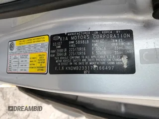 2007 Kia Sedona EX with VIN KNDMB233176166497, listed as a Copart auction lot 51136365 with 261,653 mi miles and Salvage Title. Bid and sale history available at carsss.com. Image 13.