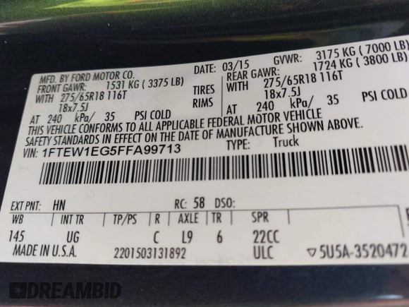 2015 Ford F-150 XLT with VIN 1FTEW1EG5FFA99713, listed as a IAAI auction lot 42481854 with 165,415 mi miles and . Bid and sale history available at DreamBid. Image 9.