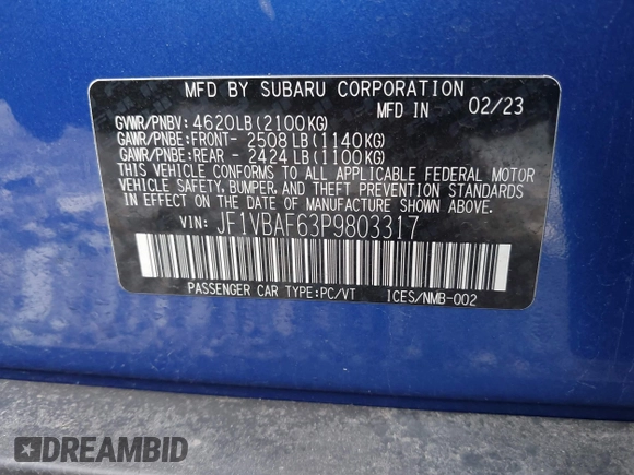 2023 Subaru WRX Premium with VIN JF1VBAF63P9803317, listed as a IAAI auction lot 41922552 with 21,952 mi miles and . Bid and sale history available at DreamBid. Image 9.