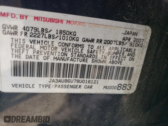 2008 Mitsubishi Lancer GTS with VIN JA3AU86U78U016121, listed as a Copart auction lot 71834554 with 322,324 mi miles and Salvage Title. Bid and sale history available at carsss.com. Image 12.