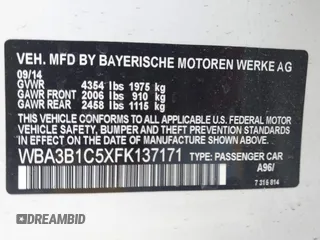 2015 BMW 3 Series 320i with VIN WBA3B1C5XFK137171, listed as a IAAI auction lot 41736278 with 28,673 mi miles. Bid and sale history available at carsss.com. Image 9.