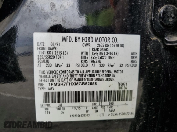 2021 Ford Explorer Limited with VIN 1FMSK7FHXMGB52658, listed as a Copart auction lot 48803235 with 92,158 mi miles and Clean Title. Bid and sale history available at carsss.com. Image 14.