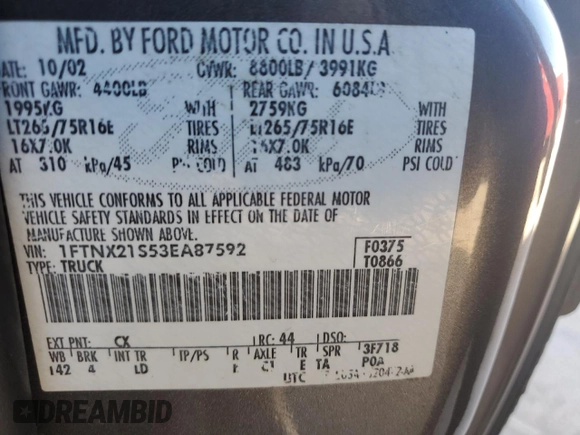 2003 Ford Super Duty F-250 XL with VIN 1FTNX21S53EA87592, listed as a Copart auction lot 75519514 with 130,382 mi miles and Non Repairable. Bid and sale history available at carsss.com. Image 13.