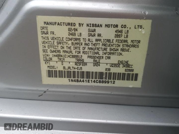 2004 Nissan Maxima SE with VIN 1N4BA41E14C889912, listed as a Copart auction lot 74379814 with 0 mi miles and Salvage Title. Bid and sale history available at carsss.com. Image 13.