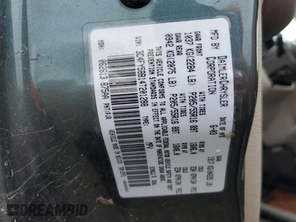 2004 Chrysler PT Cruiser Touring z VIN 3C4FY58B14T201288, wystawiony jako Copart lot #50751065 z przebiegiem 147 531 mil mil oraz Czysty tytuł • Clean title. Historia ofert i sprzedaży dostępna na DreamBid. Obrazek 12.
