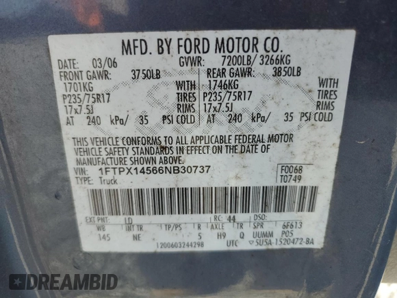 2006 Ford F-150 XLT with VIN 1FTPX14566NB30737, listed as a Copart auction lot 66104875 with 162,259 mi miles and Clean title. Bid and sale history available at DreamBid. Image 12.