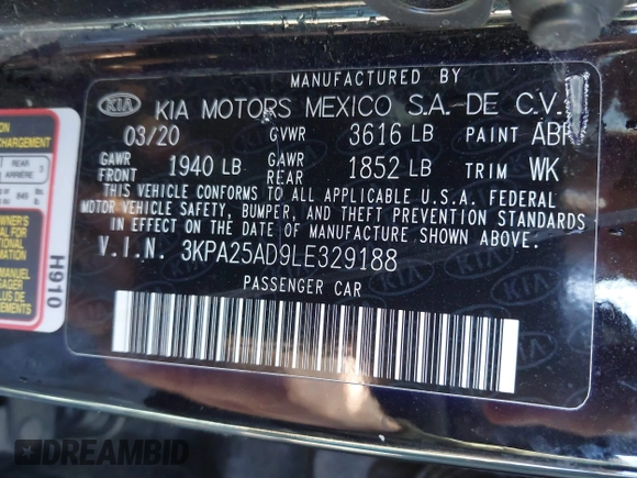 2020 Kia Rio S with VIN 3KPA25AD9LE329188, listed as a IAAI auction lot 40555813 with 41,613 mi miles and . Bid and sale history available at DreamBid. Image 9.