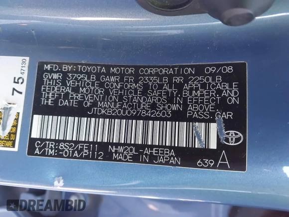 2009 Toyota Prius with VIN JTDKB20U097842603, listed as a IAAI auction lot 41748647 with 110,364 mi miles. Bid and sale history available at carsss.com. Image 9.