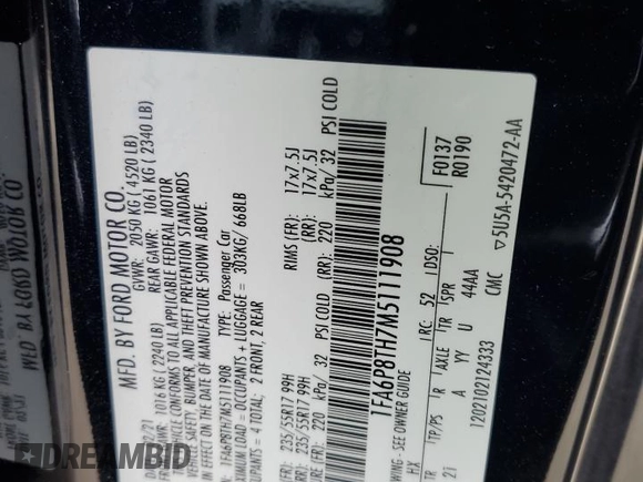 2021 Ford Mustang EcoBoost with VIN 1FA6P8TH7M5111908, listed as a Copart auction lot 59636085 with 57,667 mi miles and Salvage title. Bid and sale history available at DreamBid. Image 12.